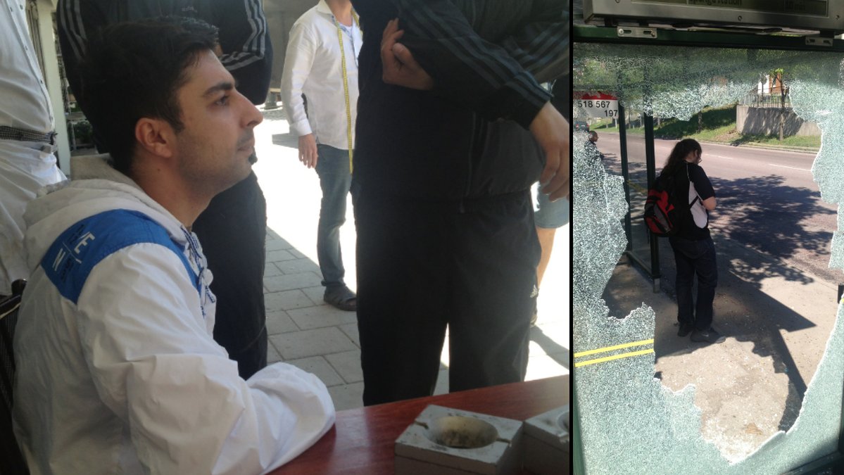 Muhammed Hakim varnar för ytterligare oroligheter. Till höger: Sönderslagen busskur i Husby.